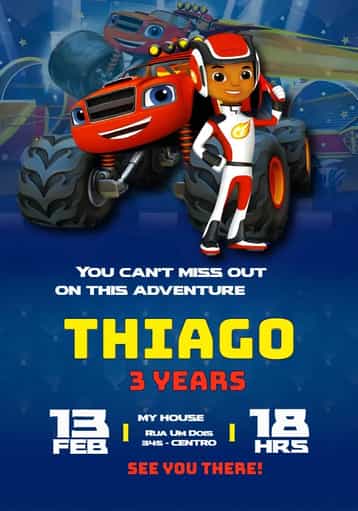 Invitation Blaze Monster Machines Car – Most searched for theme vibrant blue, adventure, toy cars, childish illustrations, race theme, fun