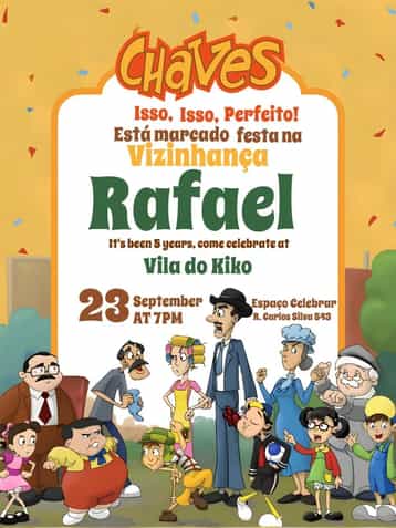 Invitation Chaves Class Quico – Kids' Birthday Party theme colorful, fun, themed, childlike, character illustrations