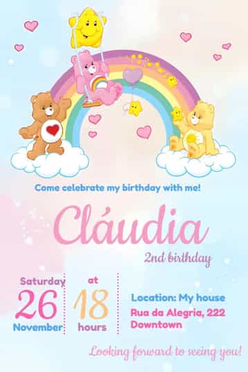 Invitation Care Bears Rainbow – Kids' Birthday Party theme colorful, playful, childlike, rainbow-themed, cute, fun
