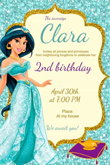 Invitation Princess Jasmine – Most searched for theme vibrant colors, arabian style, magical graphic elements, shades of pink and blue, golden details, inspired by fairy tales
