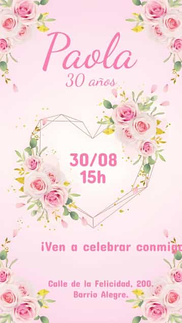 Invitación Corazón Floral Adulto – tema Cumpleaños floral, delicado, rosa, femenino, moderno, elegante