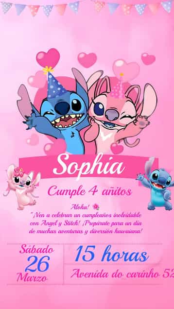 Invitación Stitch Y Angel Azul – tema Más buscados azul, infantil, divertido, colorido, temático