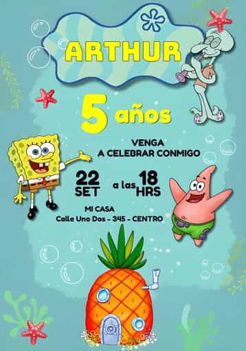 Invitación Bob Esponja Cuadrado – tema Más buscados colorido, azul marino, divertido, infantil, animado