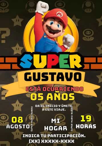 Invitación Super Mario Rojo – tema Más buscados rojo, blanco, juego, divertido, temático, infantil