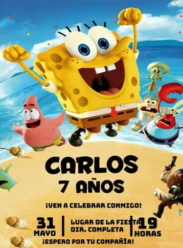 Invitación Bob Esponja Dibujo – tema Más buscados colorido, playa, divertido, cómic, verano