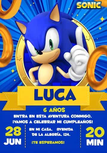 Invitación Covnite Sonic Juego – tema Más buscados estilo moderno, colores vibrantes, elementos gráficos de juegos, inspirado en personajes, temática infantil