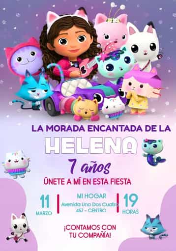 Invitación A Casa Mágica De Gabby Infantil – tema Cumpleaños mágico, infantil, lilas, púrpura, colorido, divertido