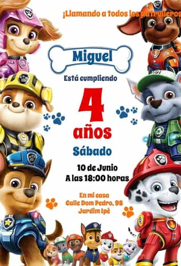 Invitación Patrulla Canina – tema Cumpleaños Infantil colorido, aventura, juguetón, temático, infantil, animales