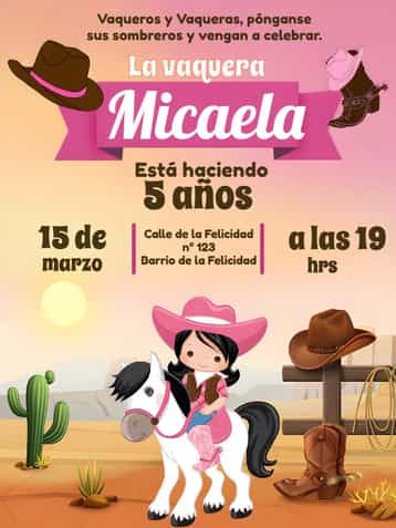 Invitación Vaquera Rosa – tema Más buscados rosa, granja, rústico, divertido, colorido, temático