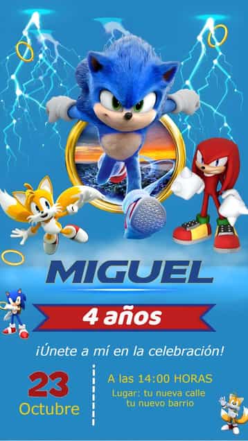 Invitación Sonic Knuckles – tema Más buscados azul, moderno, infantil, divertido, temático