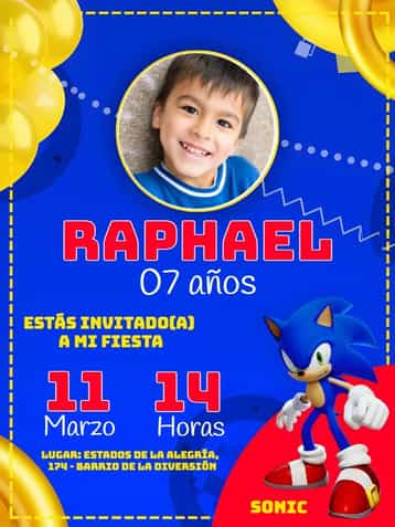 Invitación Infantil Sonic Juego – tema Cumpleaños Infantil azul, juegos, divertido, ilustraciones animadas, temática de héroes, estilo moderno
