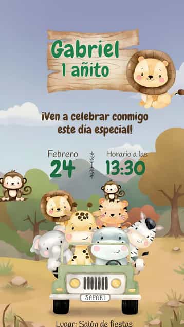 Invitación Safari Hojas – tema Más buscados tropical, animales, aventura, verde, ilustración, colorido