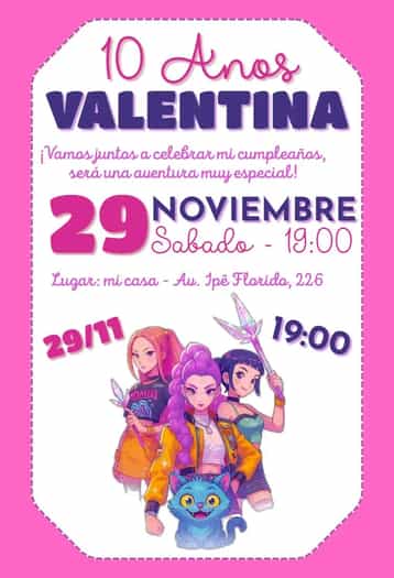 Invitación Guerreras del Kpop Huntr/x – tema Cumpleaños Infantil colores vibrantes, estilo moderno, elementos de anime, diseño divertido, inspirado en Kpop