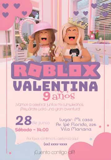 Invitación Roblox Rosa – tema Cumpleaños Infantil colorido, brillante, moderno, juegos, femenino, divertido
