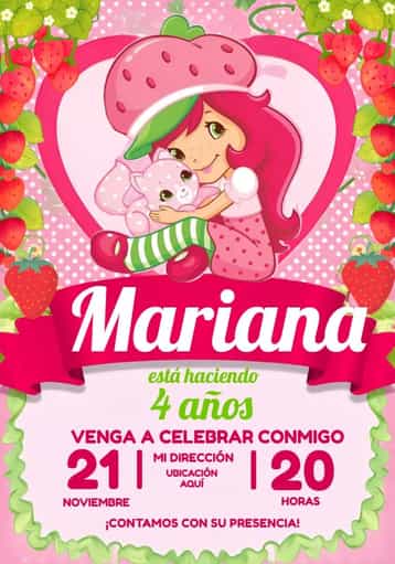 Invitación Moranguito Niña – tema Más buscados femenino, colores vibrantes, frutas, temas infantiles, estilo lúdico