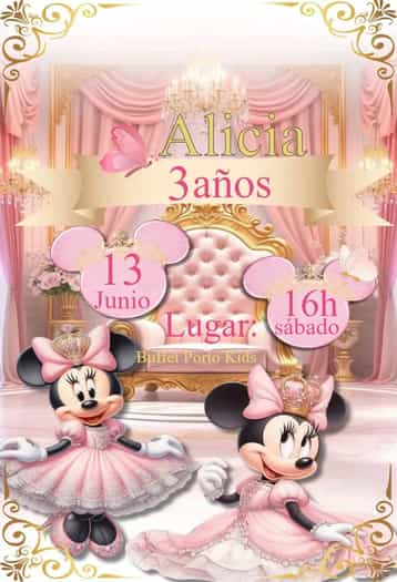 Invitación Invitación Minnie Rosa – tema Cumpleaños Infantil rosa, princesa, realeza, divertido, colorido, femenino
