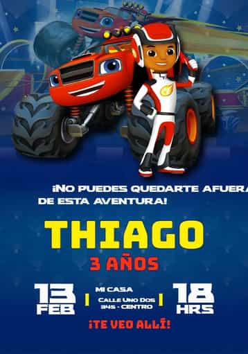 Invitación Blaze Monster Machines Coche – tema Más buscados azul vibrante, aventura, carrinhos, ilustraciones infantiles, temática de carreras, diversión