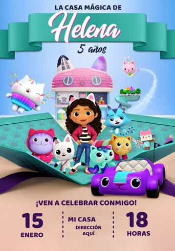 Invitación La Casa Mágica de Gabby Roxo – tema Más buscados colorido, fantasía, infantil, lúdico, temático, divertido