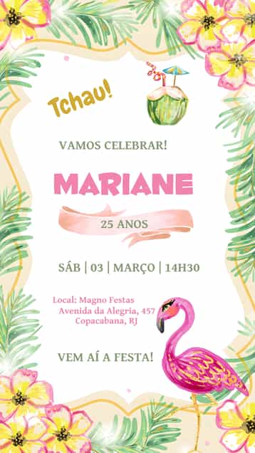 Convite Tropical Dourado – tema Aniversário tropical, dourado, havaiano, glitter, moderno, vibrante