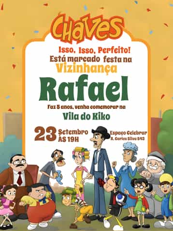 Convite Turma Do Chaves Chiquinha – tema Aniversário Infantil colorido, divertido, temático, infantil, ilustrações de personagens