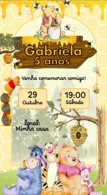 Convite Ursinho Pooh – tema Aniversário Infantil colorido, lúdico, divertido, infantil, temático, animais