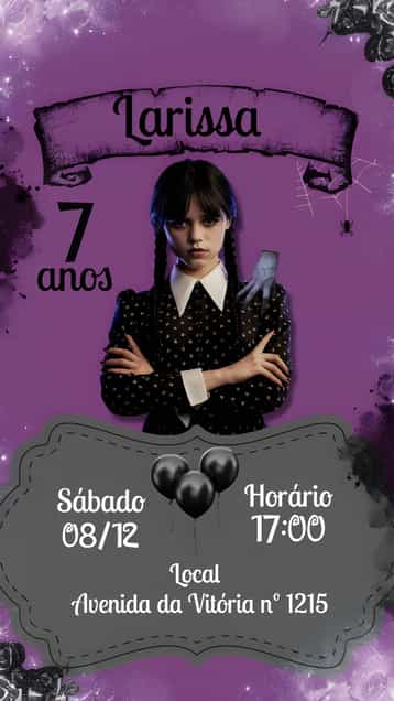 Convite Wandinha Addams Roxo – tema Mais pesquisados roxo, sombrio, divertido, gótico, ilustrações de personagens, festa temática