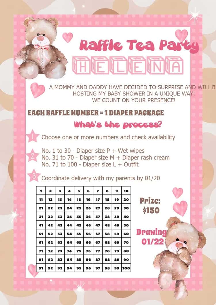 Princess Teddy Bear Diaper Tea Party Invitation - Raffle Tea Party ...