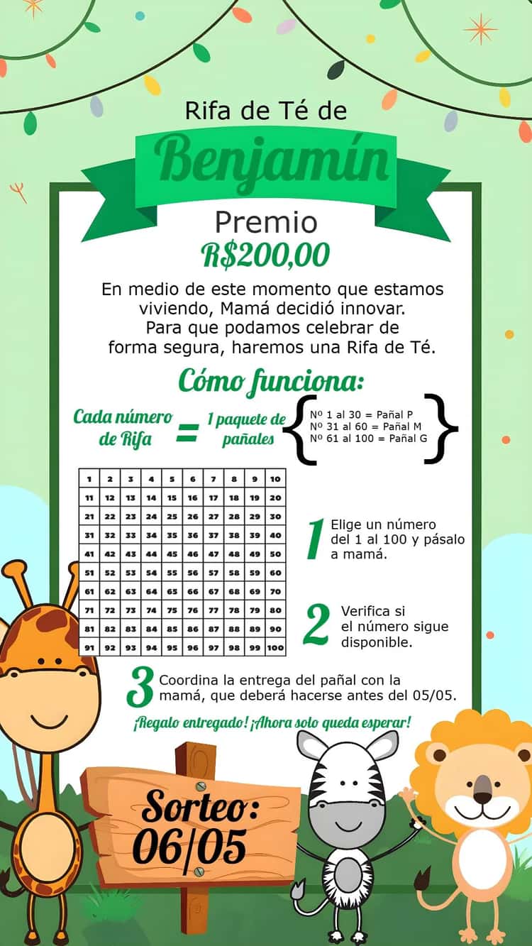 Trece Rifa Invitación Digital Té Rifa Safari Baby - Colorido y Tierno | Convitede